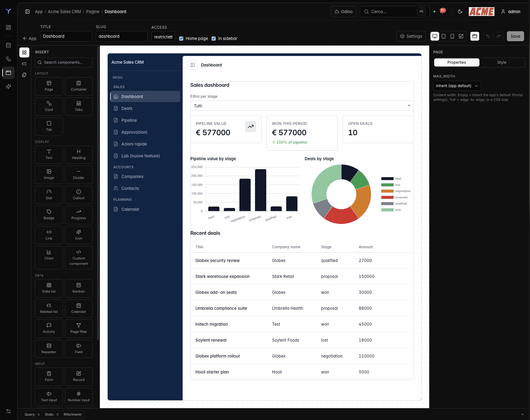 L'app builder di TrayOS: pannello componenti, canvas e inspector