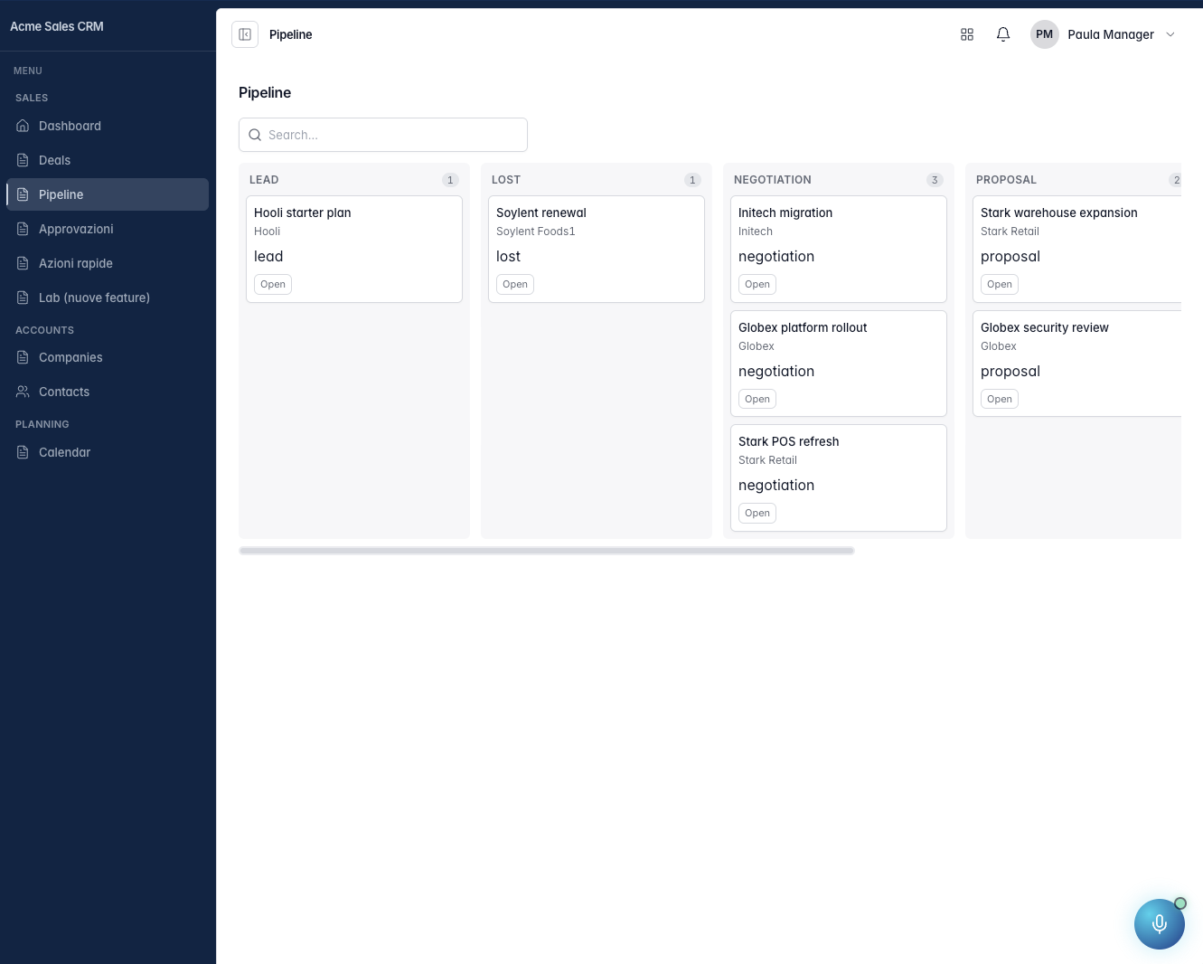 Esempio di app costruita con TrayOS: una bacheca con le voci organizzate in colonne