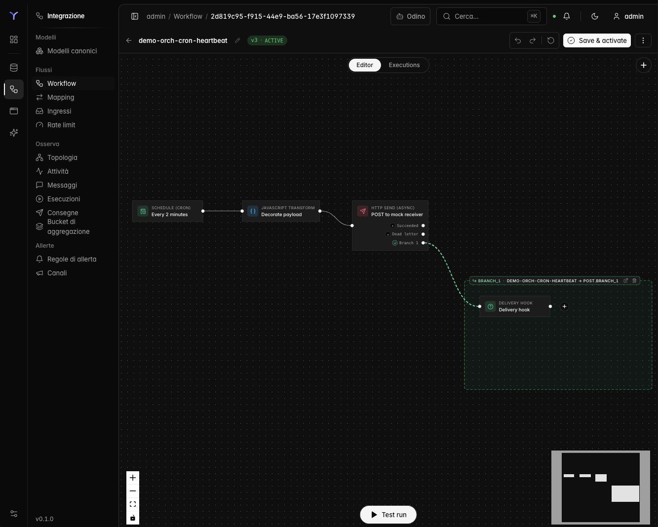 Editor visuale delle automazioni di TrayOS con un flusso composto da più nodi collegati