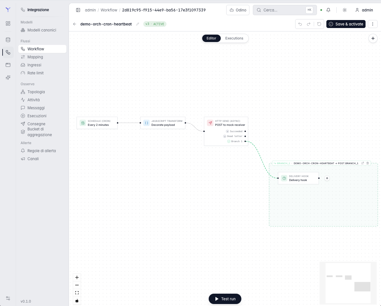 Editor visuale delle automazioni di TrayOS con un flusso composto da più nodi collegati